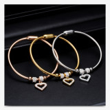 Simple peach heart stainless steel snake chain bracelet with diamond magnet clasp