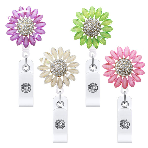 Metal sunflower diamond-studded retractable easy-pull buckle rotating easy-pull ID buckle badge clip