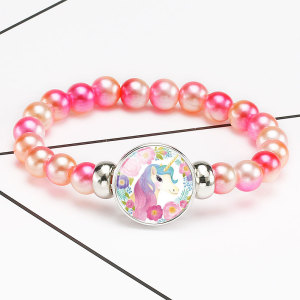 1 buttons With Unicorn dream glass buckle Colorful beads Elasticity  bracelet fit18&20MM  snaps jewelry