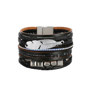 Crystal Feather Accessory Multi-Layer Wide Leather Bracelet