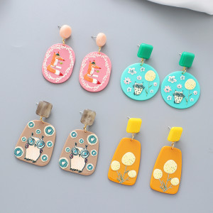 Hataya Acetate Plate 3D Color Three-dimensional Owl Fox Fun Animal 925 Silver Pin Earrings