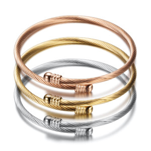 Stainless Steel Cable Wire Bracelet Gold+Rose Gold+Steel Color Fashionable Simple Jewelry Lady Jewelry