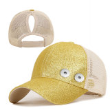 Summer ladies ponytail cap glitter gold powder baseball cap fit 18mm snap button beige snap button jewelry