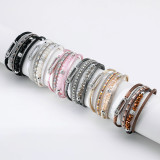 Beaded Crystal Thin Chain Hot-Diamond Multilayer Broad-Edge Magnetic Clasp Leather Bracelet