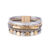 Color matching metal brass tube bracelet ladies personality retro multilayer magnetic buckle leather bracelet