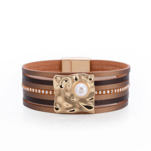 Ethnic style bracelet Bohemian multilayer leather buckle inlaid pearl bracelet magnetic buckle