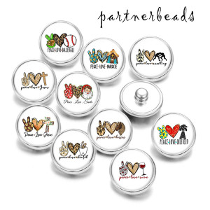 Painted metal 20mm snap buttons  Peace love  Baseball  Print