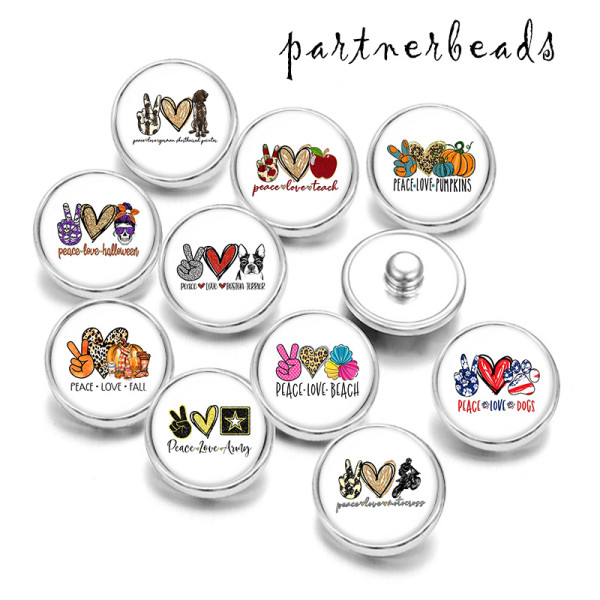 Painted metal 20mm snap buttons   Peace love  Beach  Print