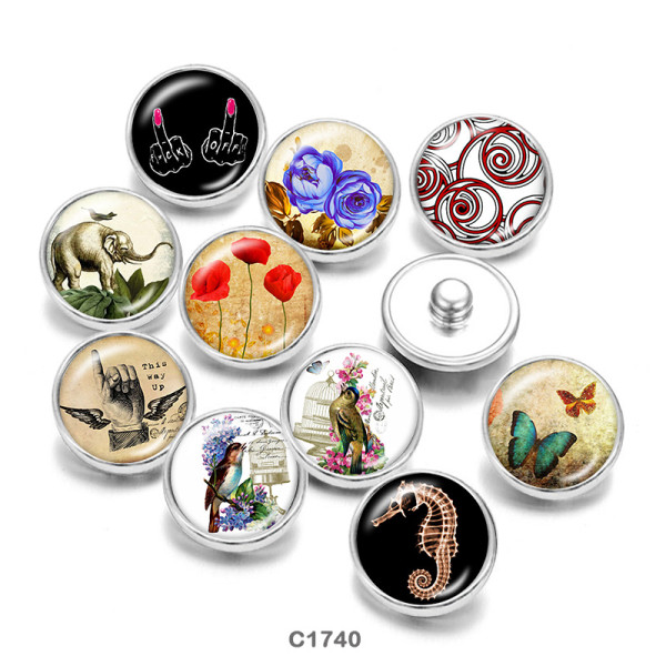 20MM  Elephant  Butterfly  Print   glass  snaps buttons