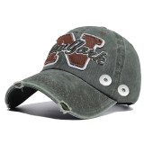 TEAM Baseball cap N-shaped embroidery retro washed cap fit 18mm snap button beige snap button jewelry