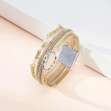 Leather bracelet retro geometric ethnic style bracelet with diamonds and light luxury pearls