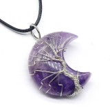 Amethyst Green Aventurine Tiger Eye Stone Moon Wrapped Pendant Pink Crystal Obsidian White Crystal Opal Leather Cord Necklace