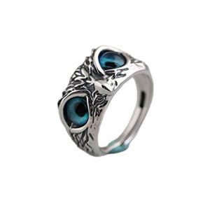 Plain Silver Blue Eye Owl Ring Demon Eye Adjustable Ring