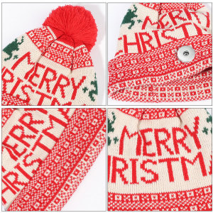 Christmas elk wool ball printing knitted Christmas hat winter warm earmuffs head hat woolen hat fit 18mm snap button jewelry