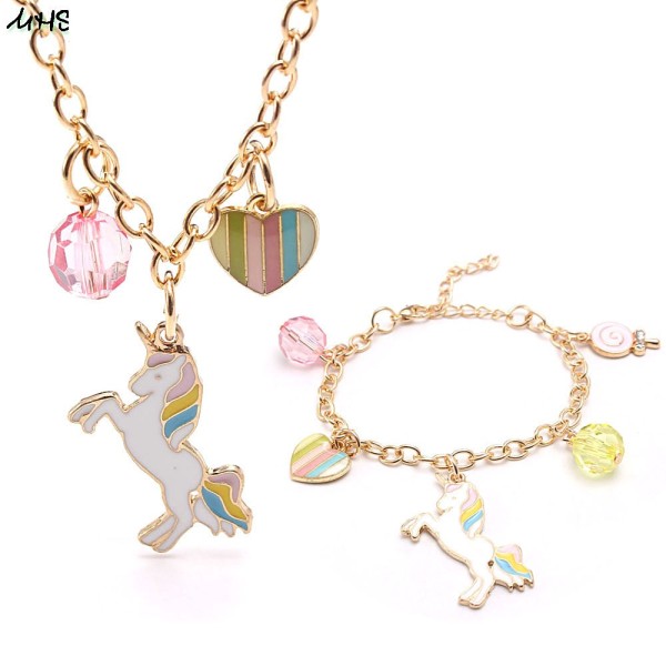 Children Unicorn Children's Necklace, Dripping Pony Alloy Pendant Chain, Children's Necklace Bracelet Set