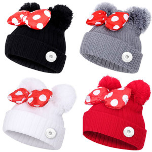 Autumn and winter new children 1-9 years old bow knot double hair ball Mickey cute sweet woolen hat warm knitted hat fit 18mm snap button jewelry