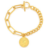 Human head round medal bracelet, stainless steel rose gold ladies bracelet, Elizabeth coin jewelry