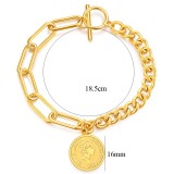 Human head round medal bracelet, stainless steel rose gold ladies bracelet, Elizabeth coin jewelry