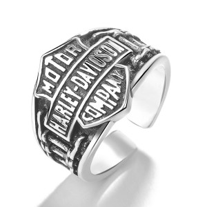 European and American retro fashion Harley motorcycle ring men's trend letter imitation silver open ring ring jewelry