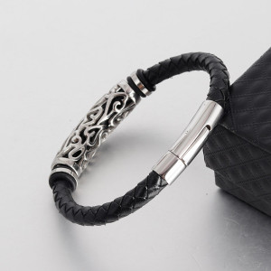 20.5CM Men's 6MM Bracelet Leather Cord Braided Jewelry Stainless Steel Bracelet Leather Magnet Clasp