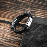 20.5CM Black leather cord cowhide men's double-layer stainless steel leather braided bracelet