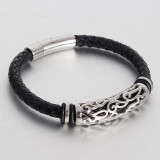 20.5CM Men's 6MM Bracelet Leather Cord Braided Jewelry Stainless Steel Bracelet Leather Magnet Clasp