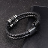 21CM Black leather cord cowhide men's double-layer stainless steel leather braided bracelet