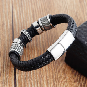 20.5CM Leather Handmade Bracelet Leather Woven Cross Men's Leather Bracelet Retro Stainless Steel Leather Cord