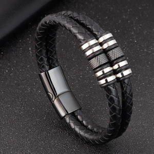 21CM Black leather cord cowhide men's double-layer stainless steel leather braided bracelet