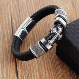 20.5CM Leather Handmade Bracelet Leather Woven Cross Men's Leather Bracelet Retro Stainless Steel Leather Cord