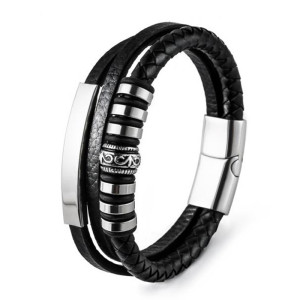 20.5CM Black leather cord cowhide men's double-layer stainless steel leather braided bracelet