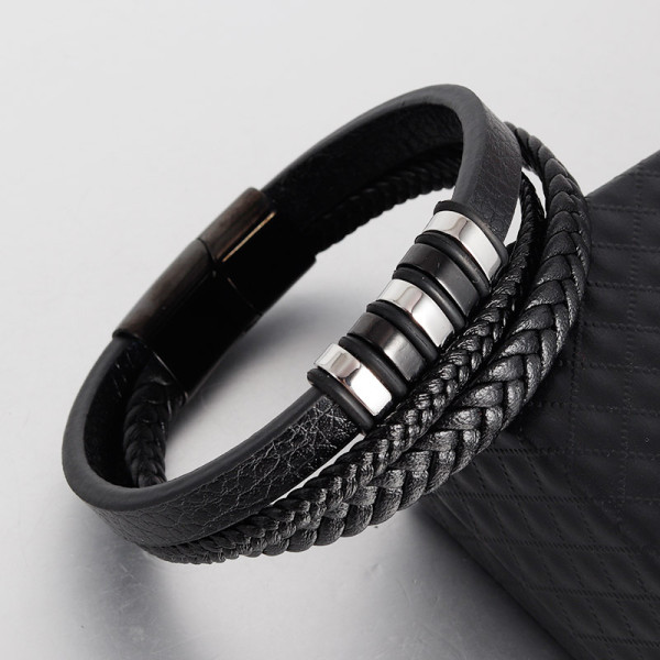 21CM Black leather cord cowhide men's double-layer stainless steel leather braided bracelet