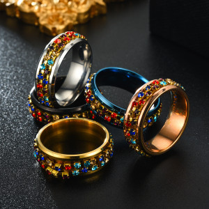 New Ring Stainless Steel Colorful Diamond Chain Rotating Ring