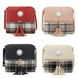 Fashion bag plaid cotton plaid stitching female bag double tassel diagonal shoulder bag fit 18mm snap button jewelry