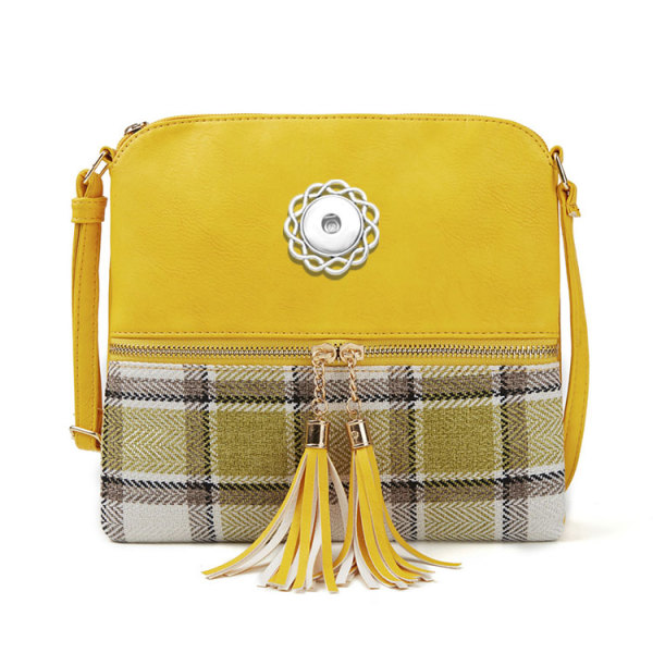 Fashion bag plaid cotton plaid stitching female bag double tassel diagonal shoulder bag fit 18mm snap button jewelry