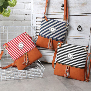 New style handbag canvas stitching PU striped shoulder messenger bag European and American simple tassel trend small square bag fit 18mm snap button jewelry