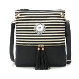 New style handbag canvas stitching PU striped shoulder messenger bag European and American simple tassel trend small square bag fit 18mm snap button jewelry