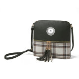 Fashion bag plaid cotton plaid stitching female bag double tassel diagonal shoulder bag fit 18mm snap button jewelry