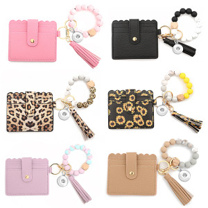 Silicone Bead Bracelet Card Case Leopard Print Silicone Bead Bracelet PU Tassel Ladies Wallet Keychain fit 18mm snap button jewelry