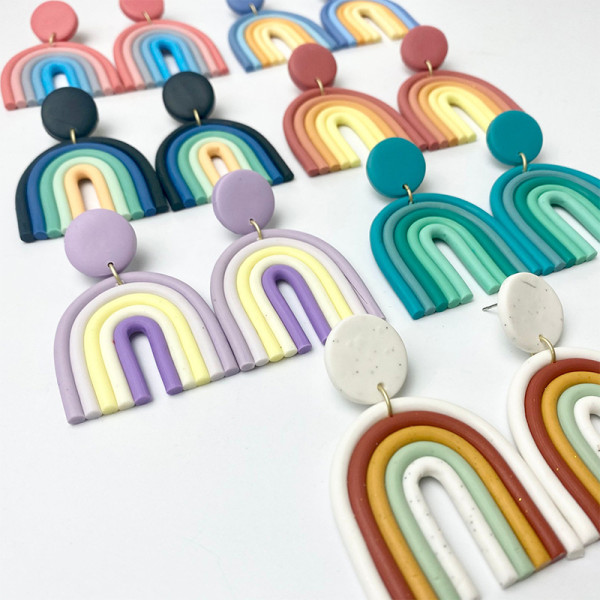 Rainbow color soft pottery earrings geometric U-shaped temperament fashion earrings