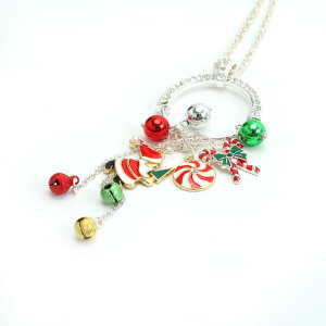 Christmas Necklace Long Chain with Hanging Alloy Santa Hat Gift Knot Bell Holiday  65CM Necklace