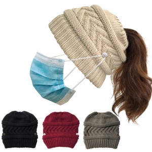Knitted hat buttons can hang masks outdoor warm woolen ponytail hat