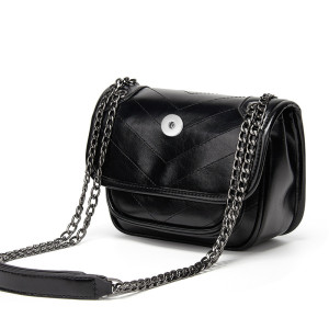Embroidered thread chain bag women's solid color small black bag shoulder diagonal soft leather handbag small square bag fit 18mm snap button jewelry