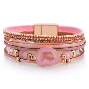 pu bracelet millet beads crystal hollow stone pendant Leather Bracelet