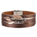 Hand-painted multi-layer leather magnetic buckle bracelet with geometric leaves dripping oil