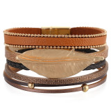 PU leather gold leaf alloy piece bracelet, multi-layer leather strip elegant small round bead design bracelet