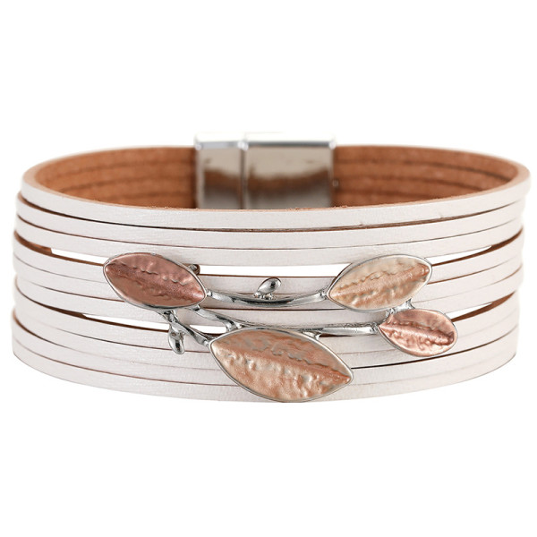 Hand-painted multi-layer leather magnetic buckle bracelet with geometric leaves dripping oil