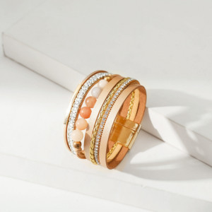 Multi-layer crystal stone bracelet with diamonds and hollow copper tube hand-woven bracelet