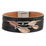 Hand-painted multi-layer leather magnetic buckle bracelet with geometric leaves dripping oil