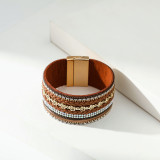 Broad-brimmed bracelet, flower element, diamond-studded braided leather strap, fashionable magnetic bracelet